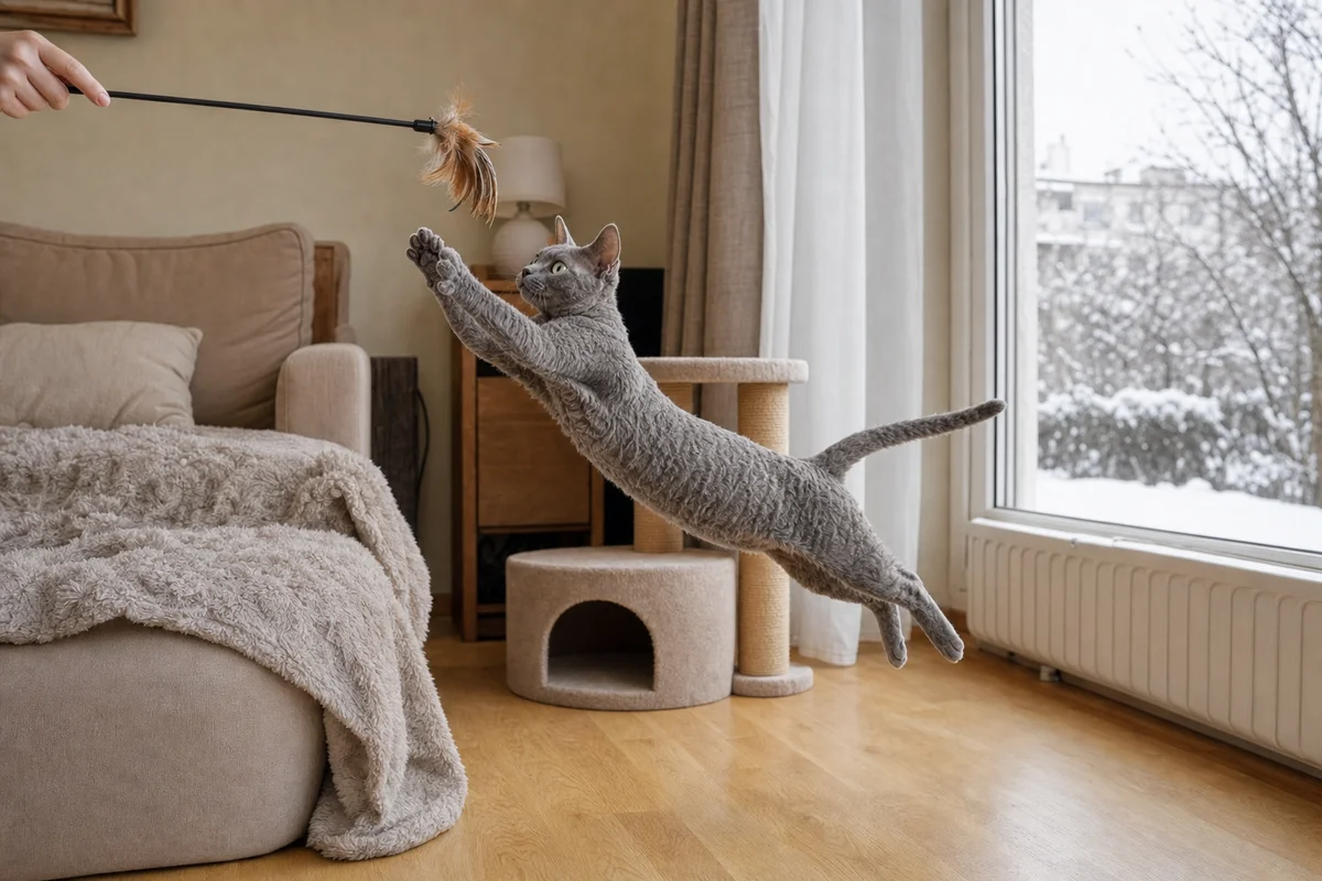 Devon rex poluje na piórko wędki