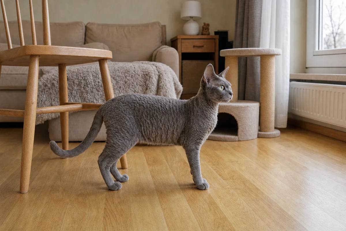 Devon rex z profilu - smukła budowa i falista sierść