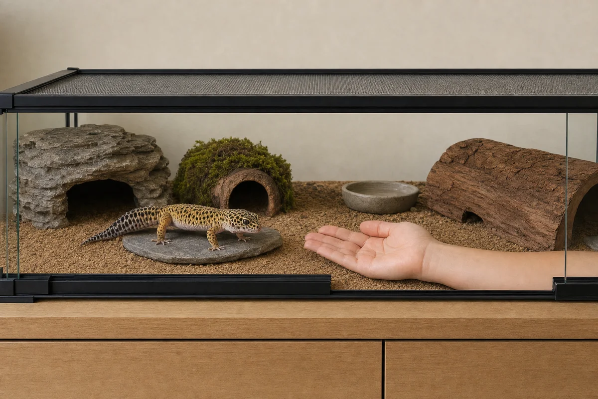 Dłoń wsunięta przez przednie drzwi terrarium na wysokości podłoża — gekon lamparci się nie płoszy