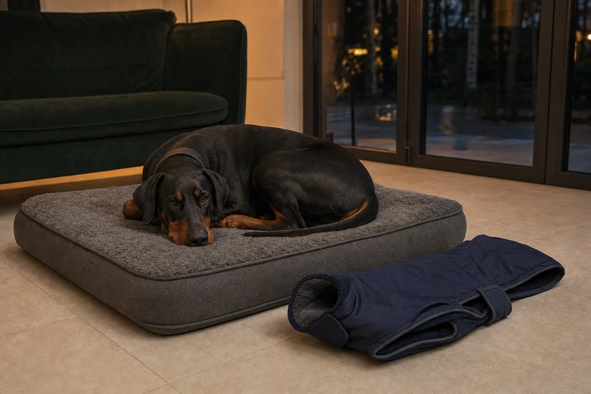 Doberman odpoczywa na legowisku ortopedycznym