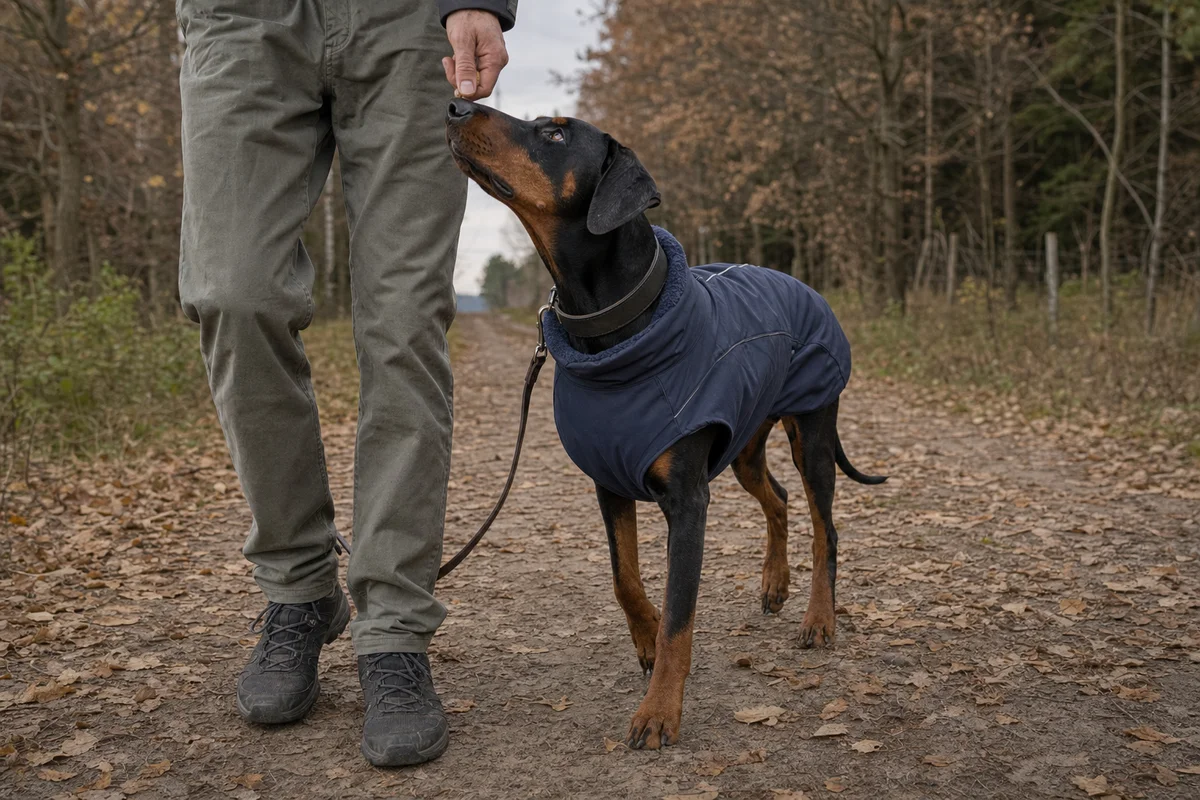 Doberman w płaszczu chodzi przy nodze podczas szkolenia