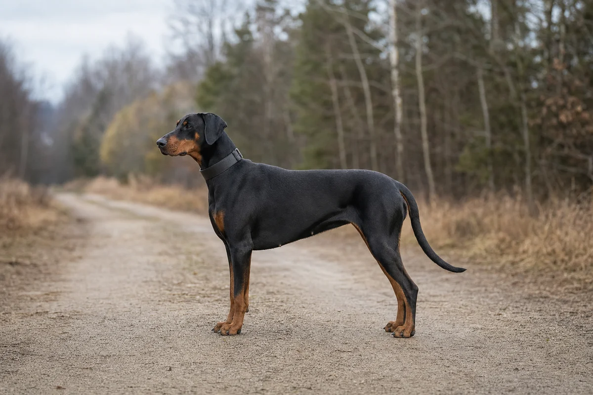 Doberman z profilu — sylwetka, podpalania i naturalny ogon