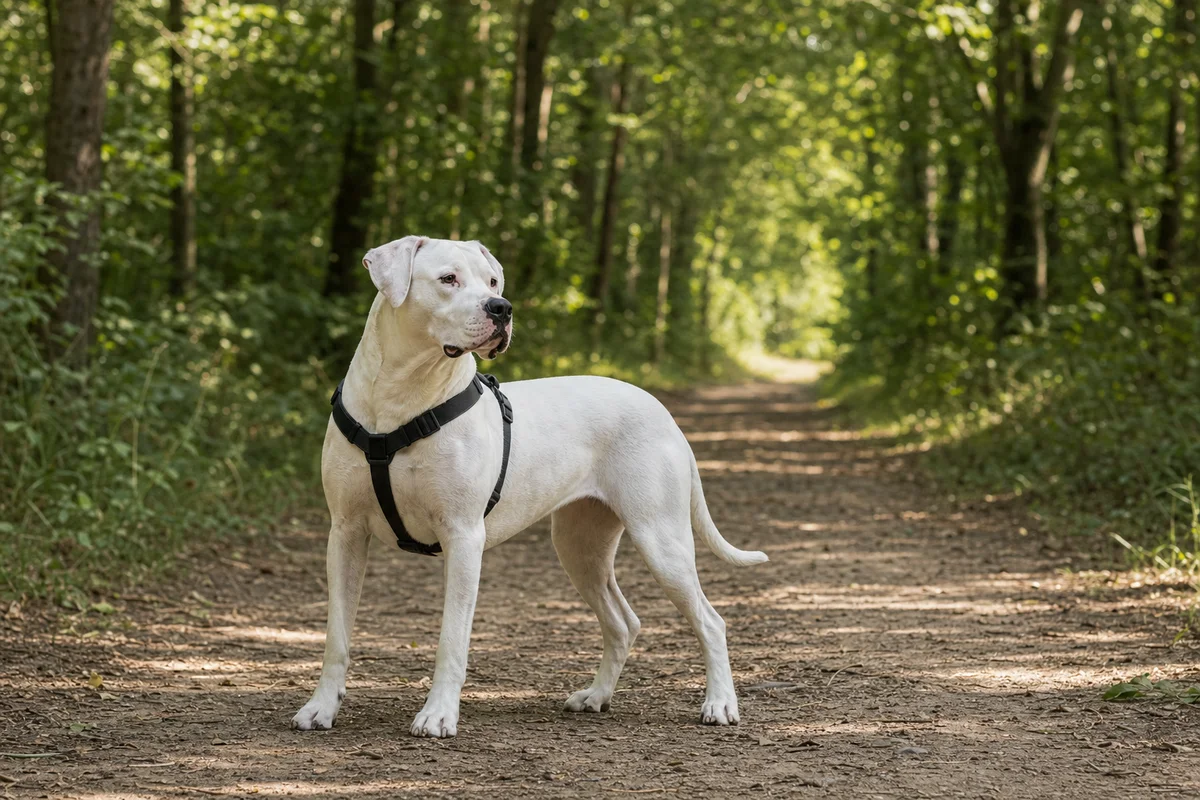 Dog argentyński z profilu: atletyczna budowa i biała sierść