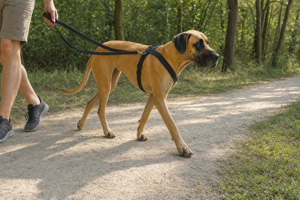 Dog niemiecki na spacerze w szelkach na luźnej smyczy