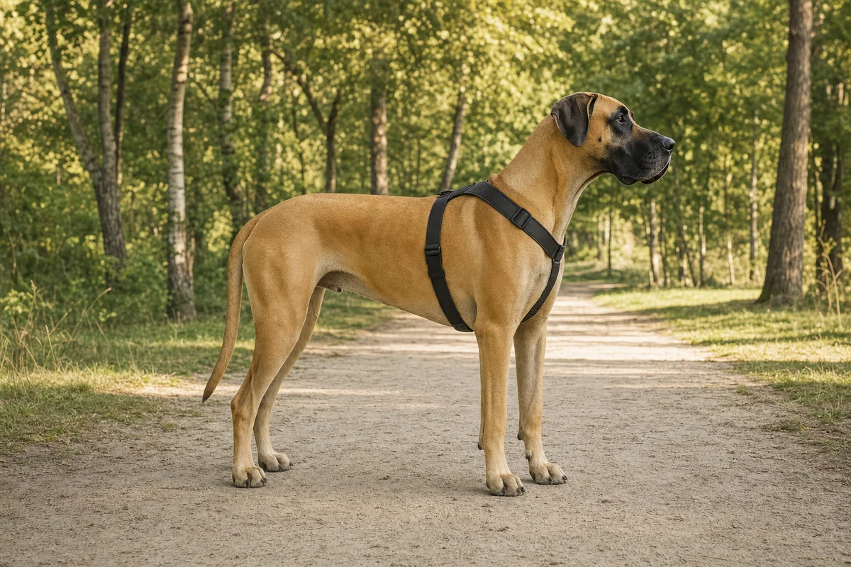 Dog niemiecki z profilu — budowa olbrzyma i płowa sierść