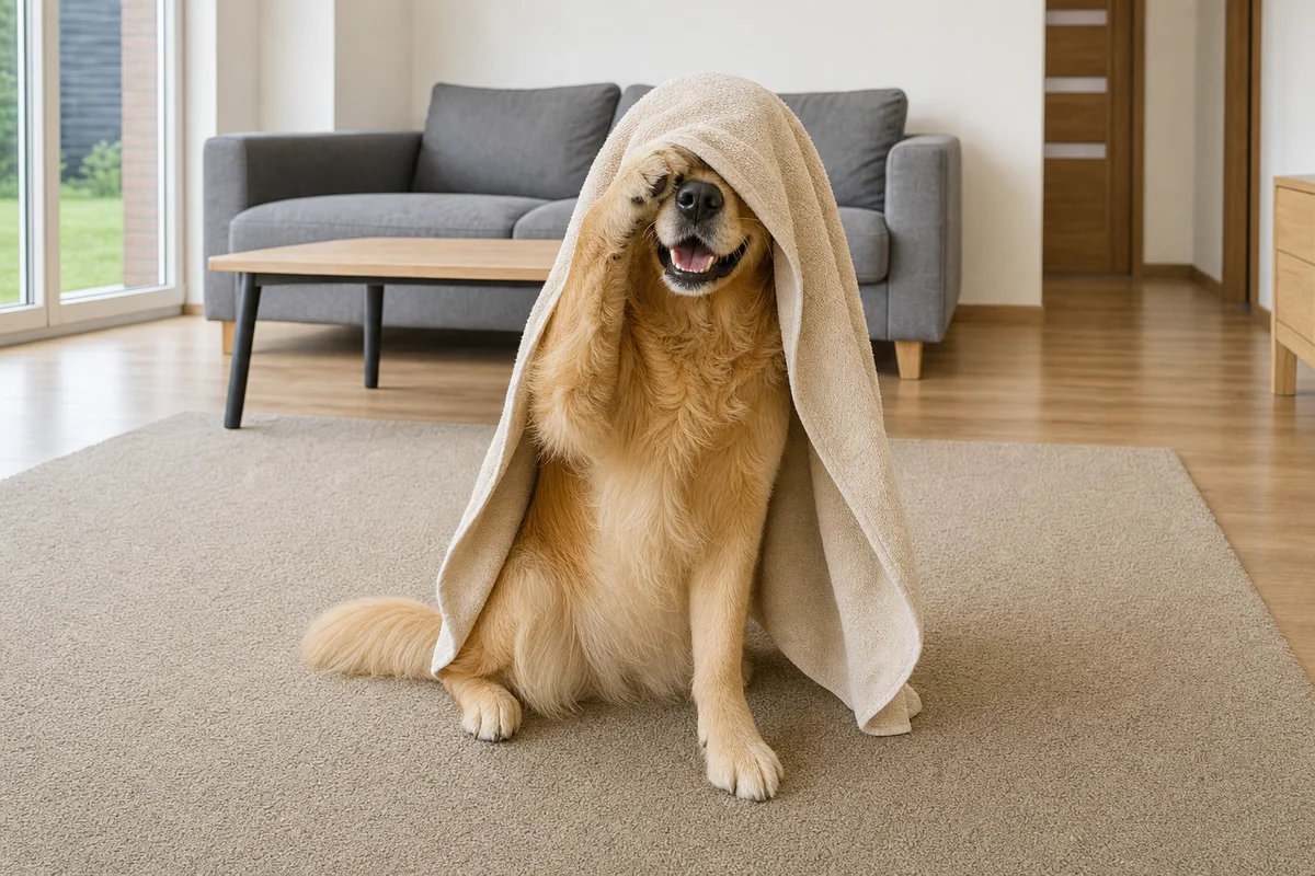 Domowy test spryciarza - golden retriever zsuwa ręcznik z głowy