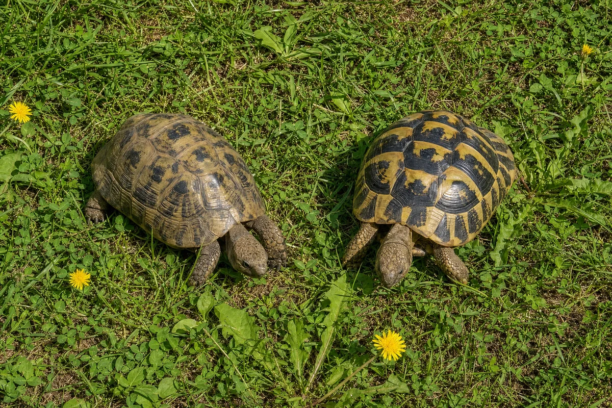 Dwa gatunki żółwi lądowych obok siebie — różnice w kształcie i barwie pancerza