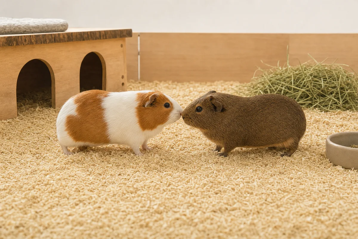 Dwie świnki morskie witają się, obwąchując nosy