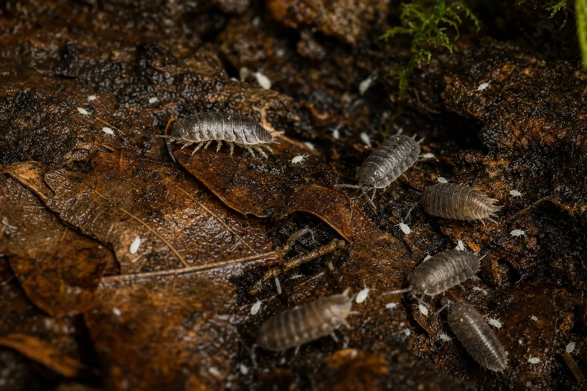 Ekipa sprzątająca w terrarium bioaktywnym — prosionki i skoczogonki na liściu