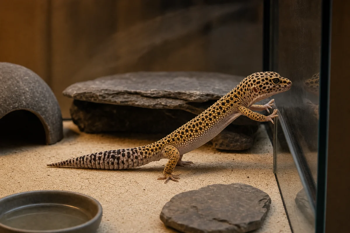 Gekon chodzi po szybie terrarium - opiera przednie łapy o szkło