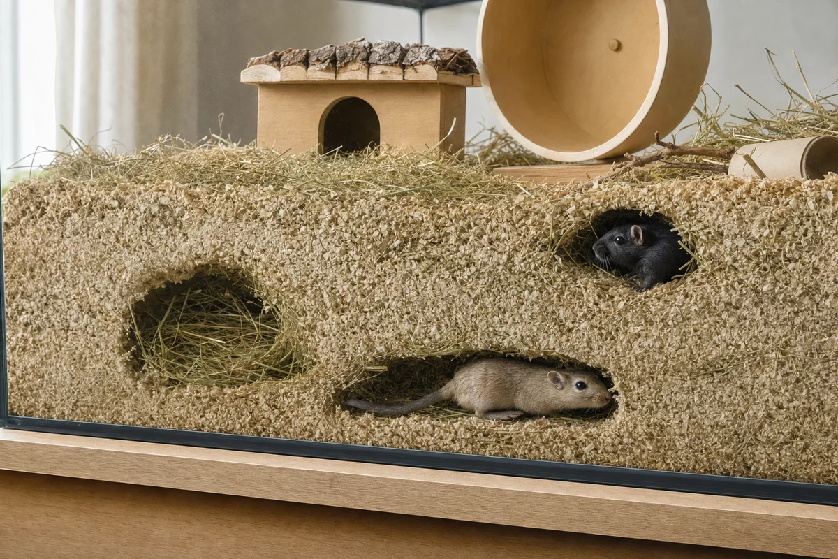 Głęboka warstwa podłoża w terrarium myszoskoczka z tunelami widocznymi przy szybie