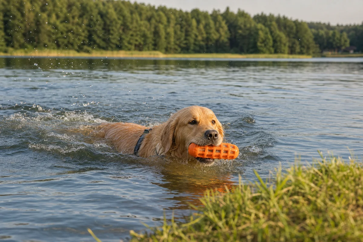 Golden retriever aportuje z wody