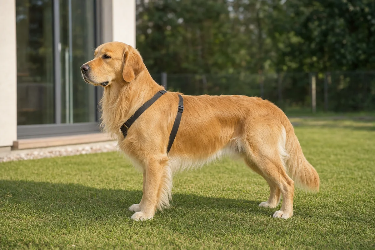 Golden retriever z profilu — budowa i złota sierść z piórami