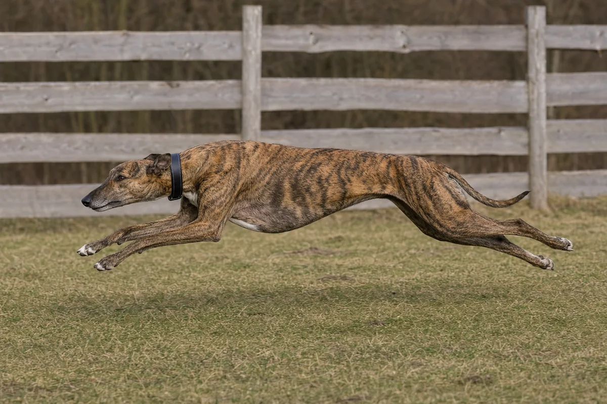 Greyhound w pełnym galopie na ogrodzonym wybiegu
