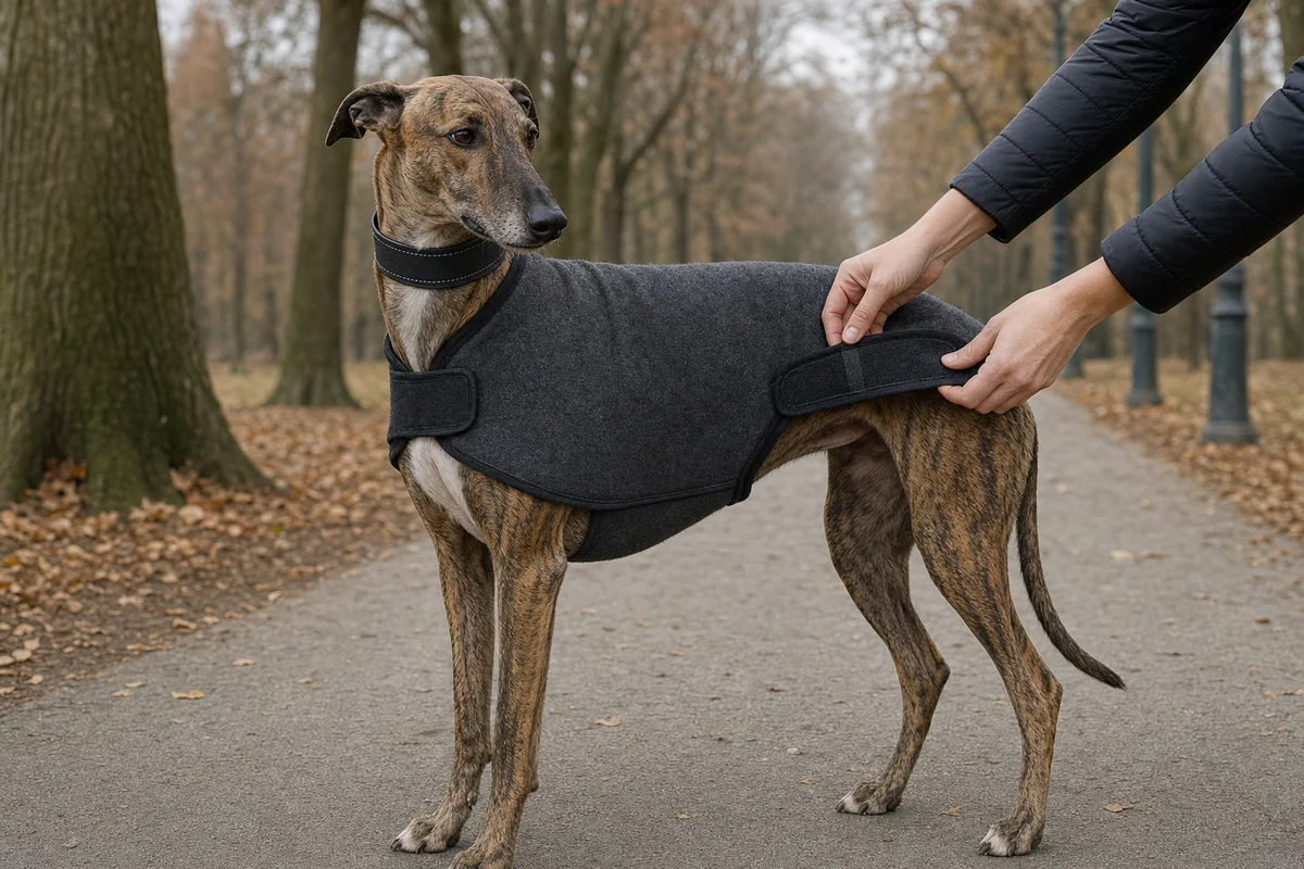 Greyhound w płaszczyku na chłodny dzień