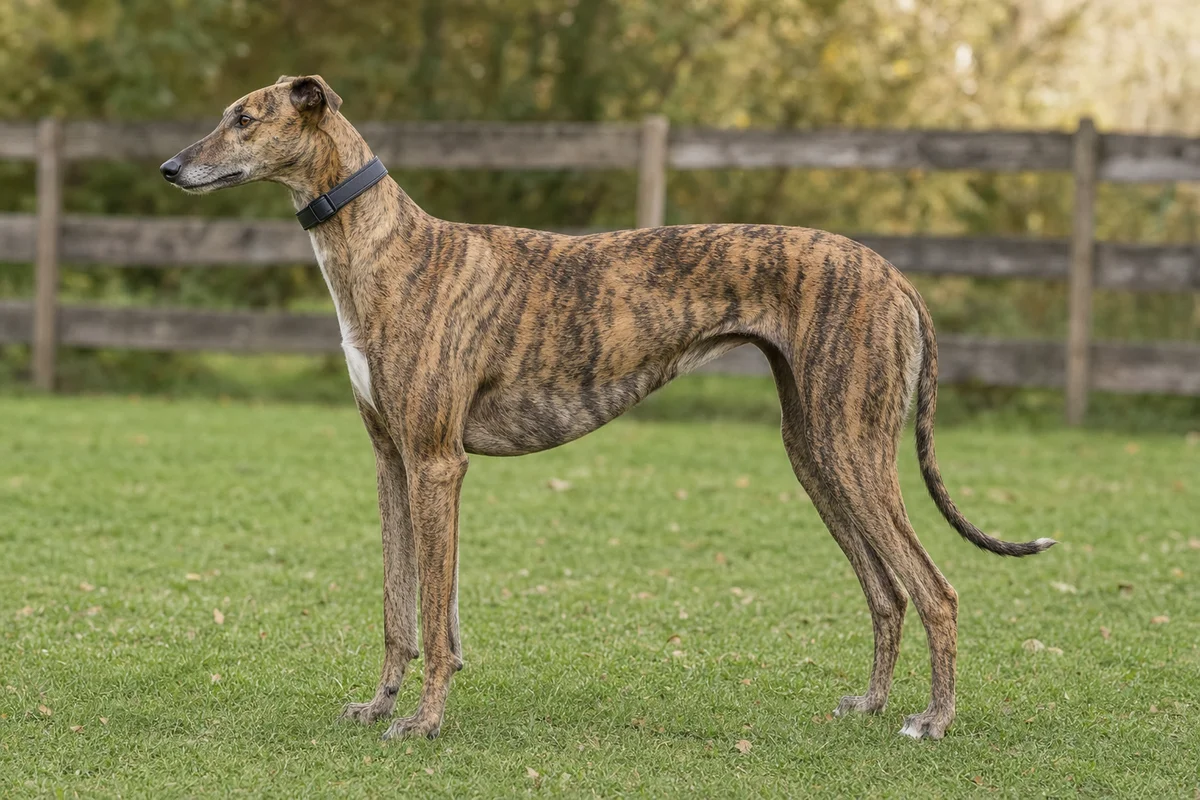 Greyhound z profilu - sylwetka i pręgowana sierść