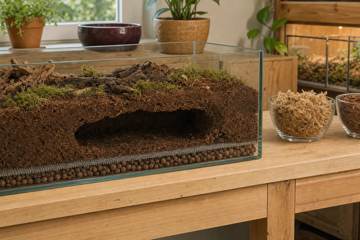 Gruba warstwa podłoża w terrarium dla gatunków kopiących z drenażem