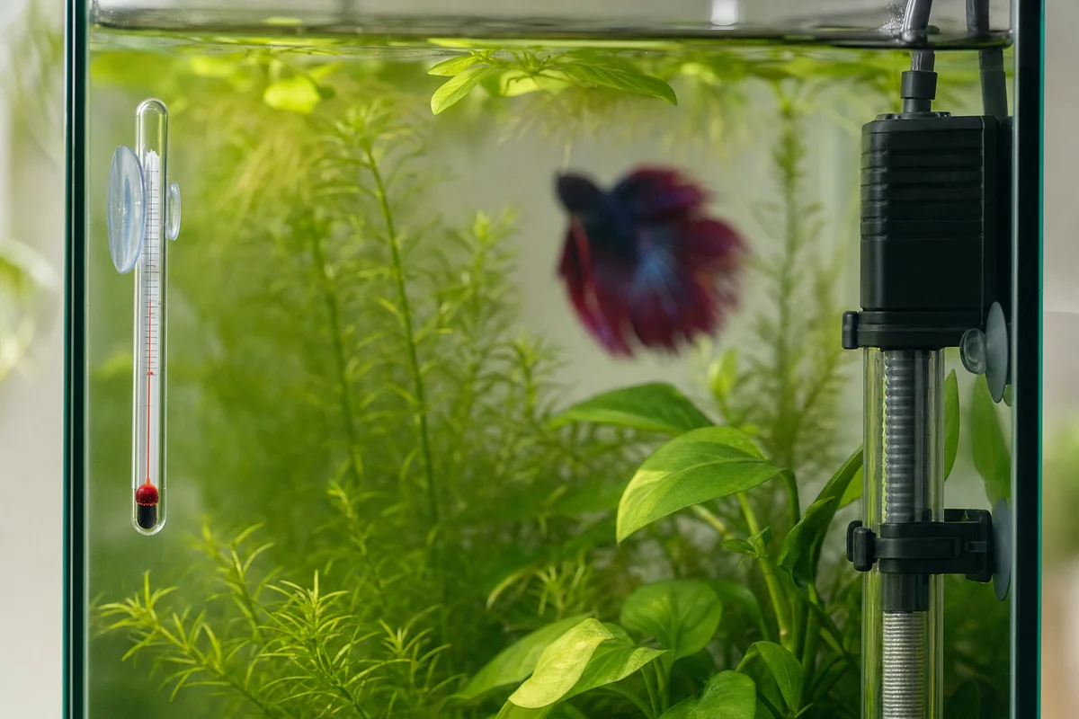 Grzałka przy filtrze i termometr na przeciwnej szybie w akwarium bojownika