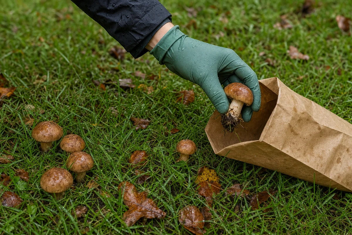 Grzyb z trawnika zabezpieczony w papierowej torebce dla lekarza weterynarii