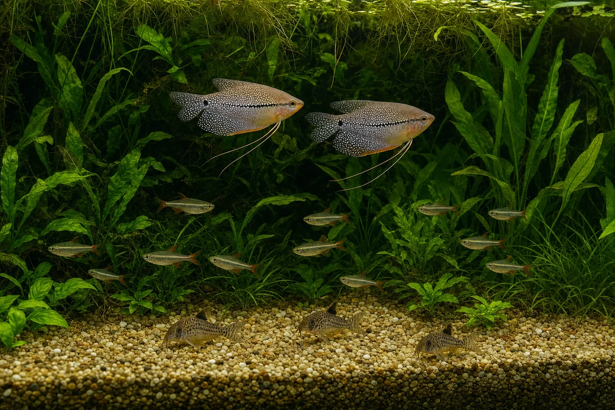 Obsada akwarium 100 l - gurami, stado ryb ławicowych i kiryski
