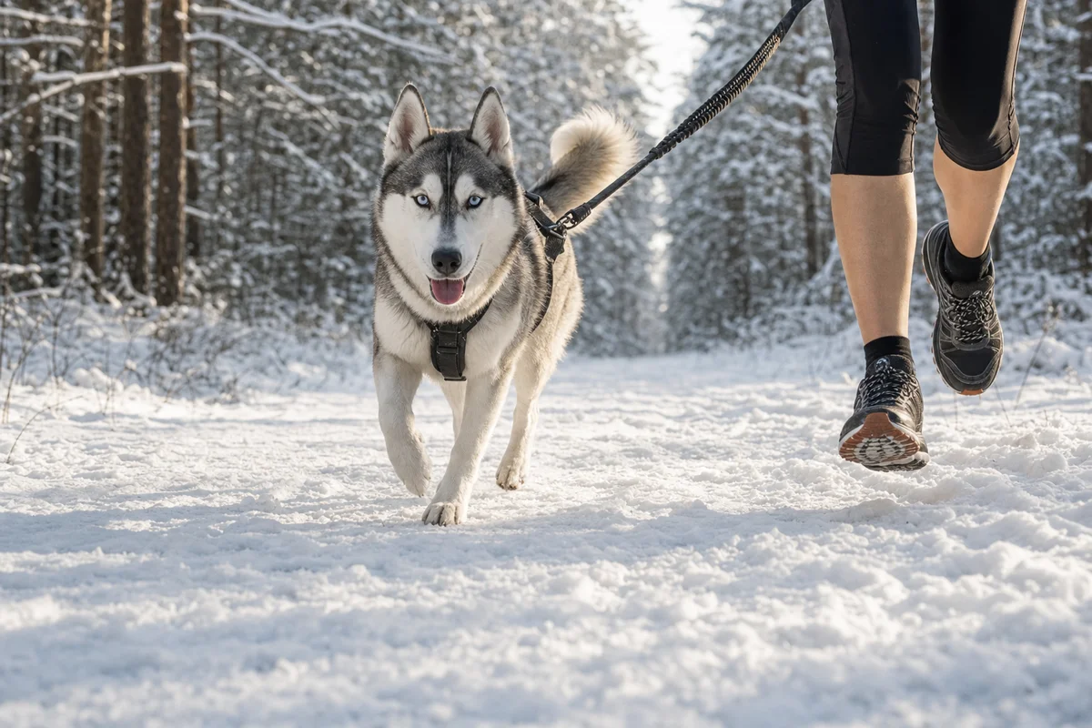 Husky syberyjski biegnie w szelkach przy biegaczu