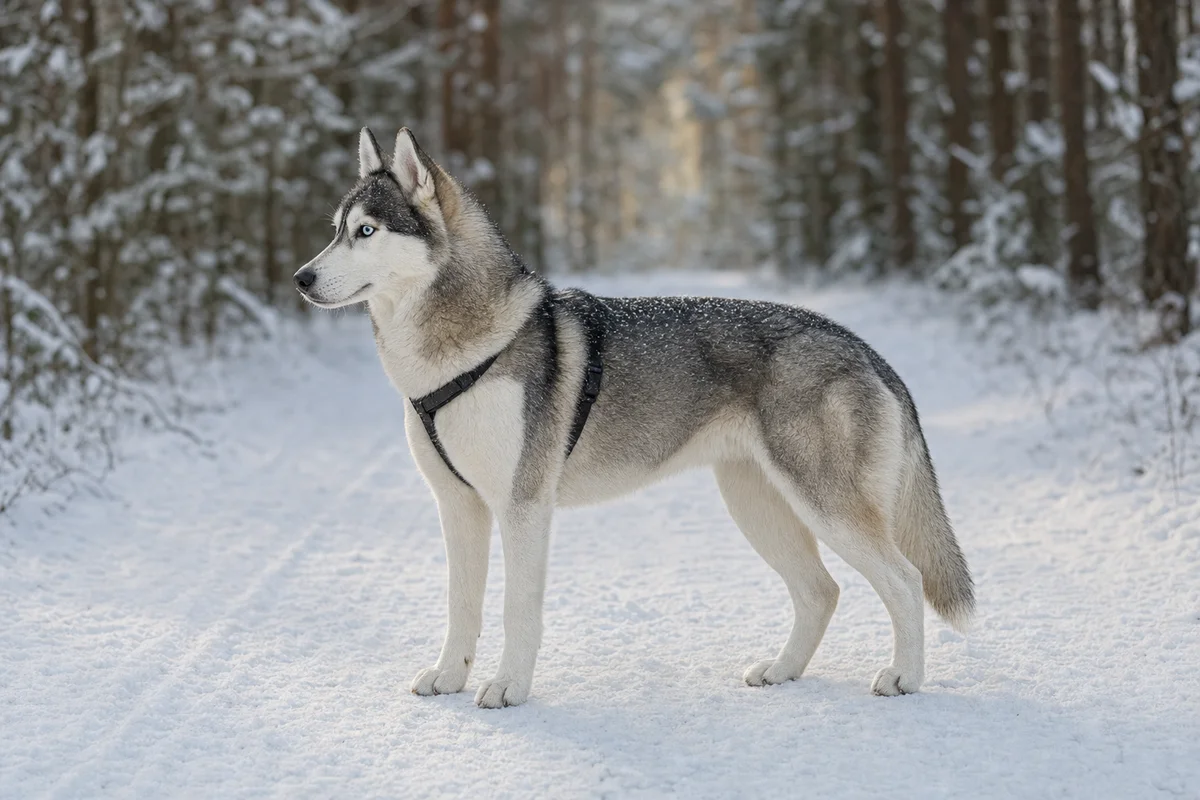 Husky syberyjski z profilu — budowa i umaszczenie szaro-białe