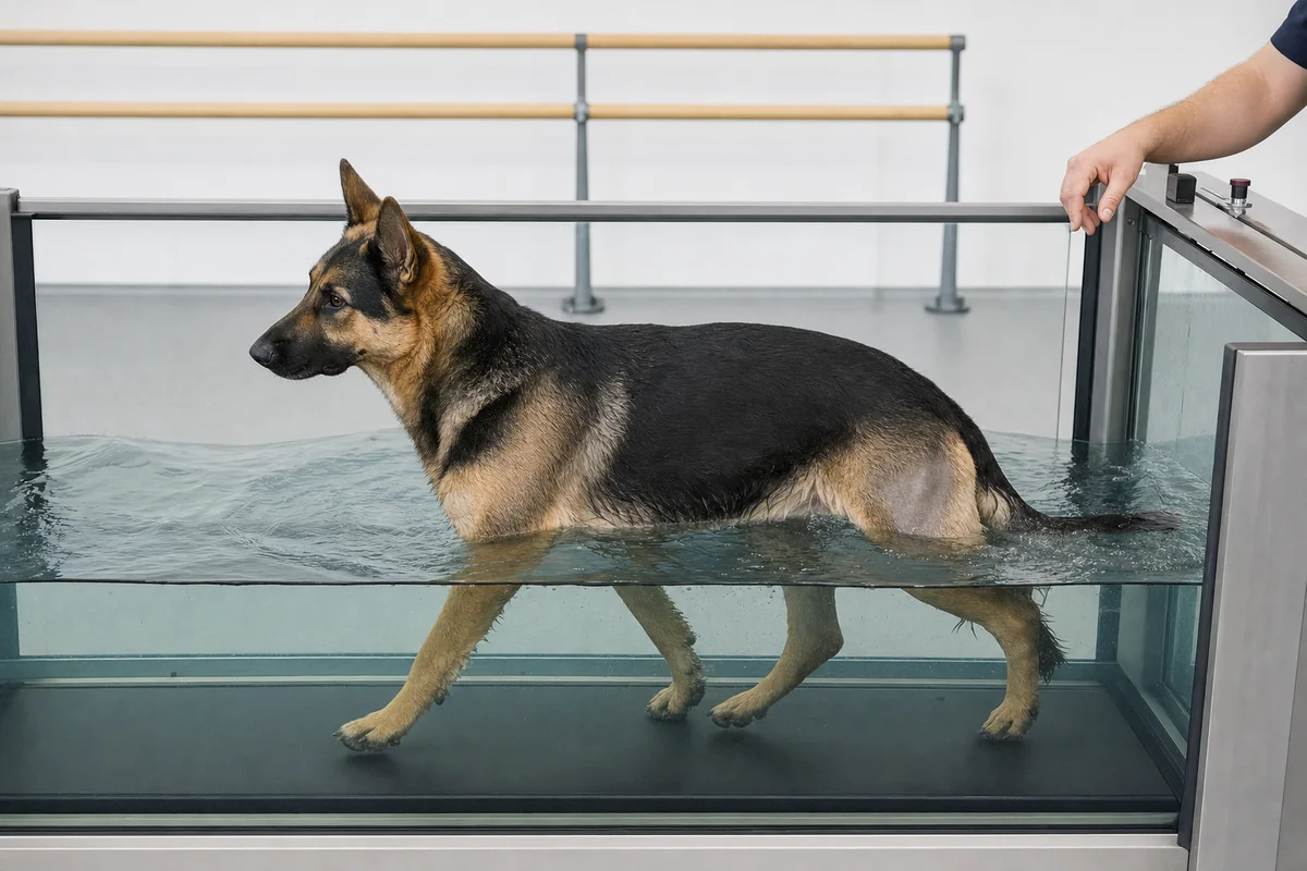 Hydroterapia — pies idzie po bieżni wodnej z wodą do wysokości łokci