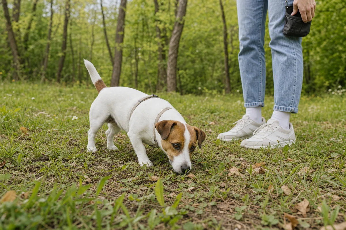 Jack russell terrier węszy w trawie, szukając smakołyków