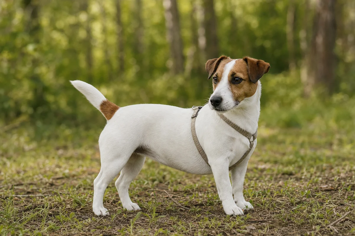 Jack russell terrier z profilu — budowa i gładka sierść