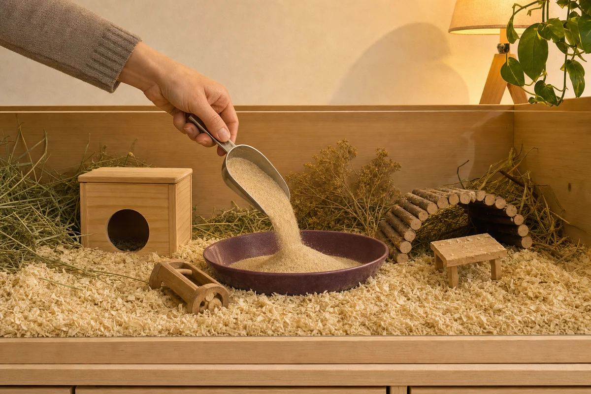 Jak przygotować piasek do kąpieli dla chomika — płaska ceramiczna misa
