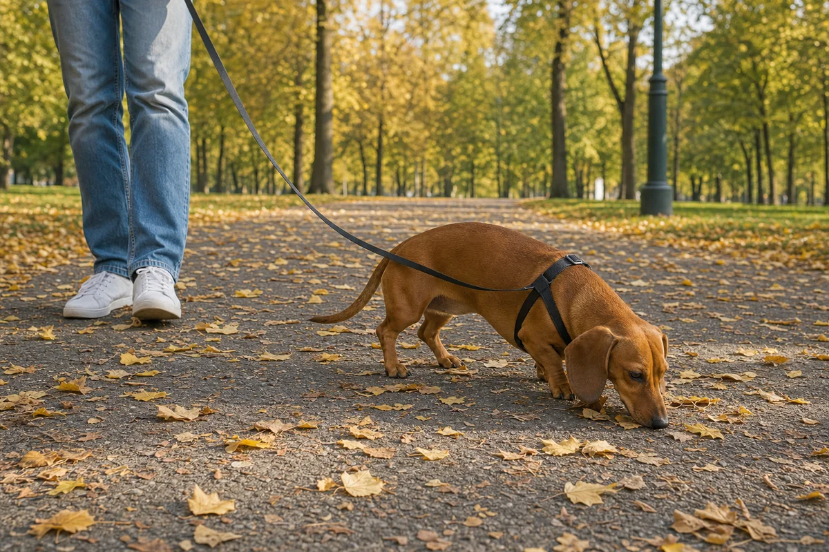 Jamnik w szelkach węszy na spacerze w parku