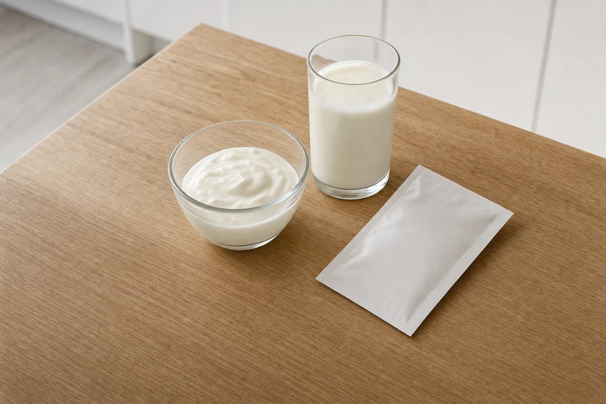 Jogurt i kefir obok saszetki probiotyku — nabiał nie zastąpi probiotyku dla psa