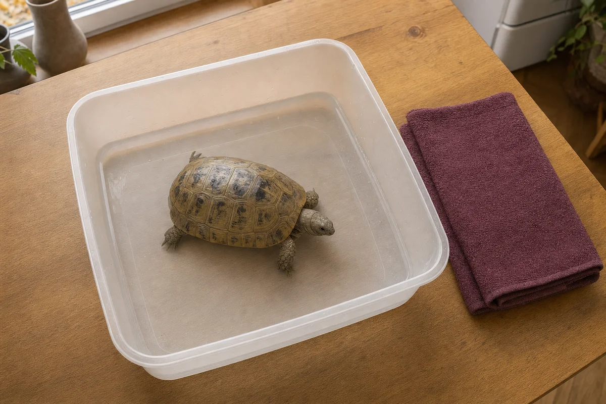 Kąpiel żółwia lądowego w letniej wodzie po wybudzeniu z hibernacji