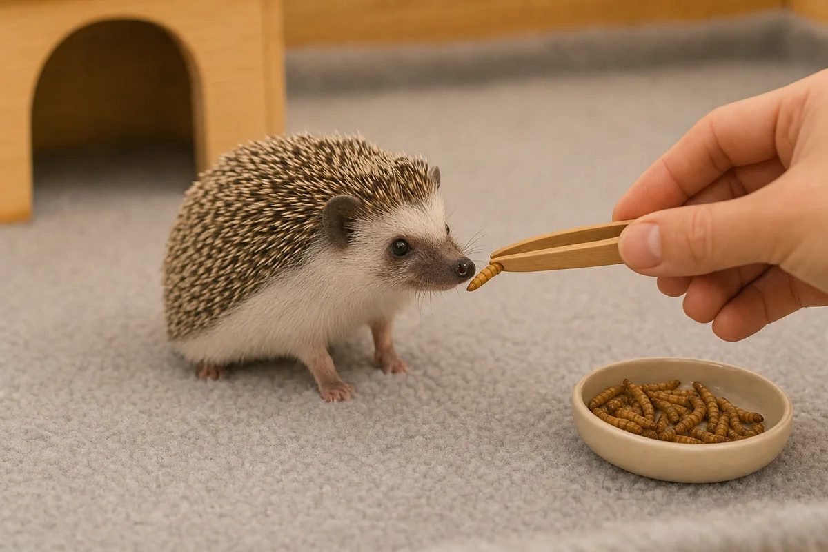 Karmienie jeża pigmejskiego owadem z pęsety