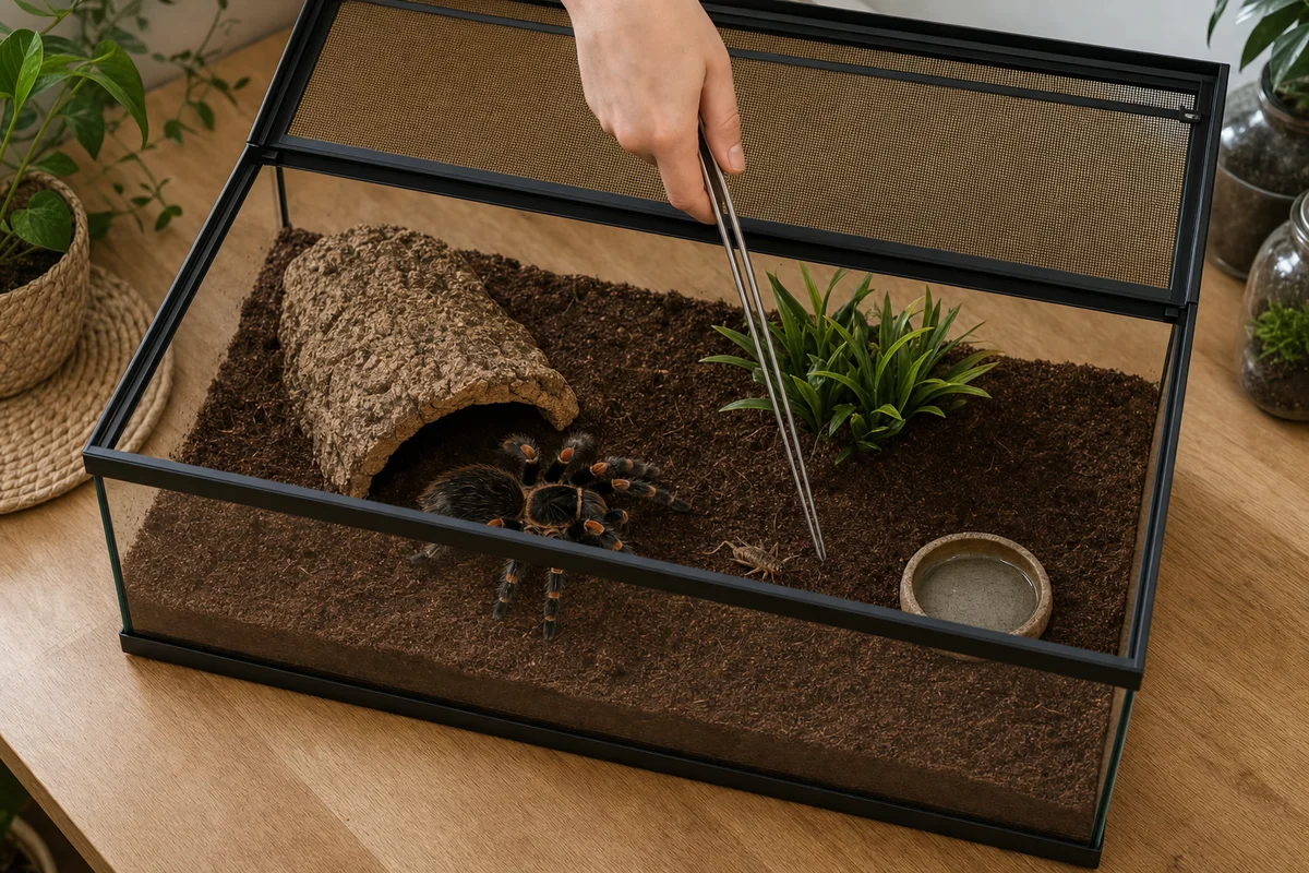 Karmienie ptasznika żywym świerszczem w terrarium