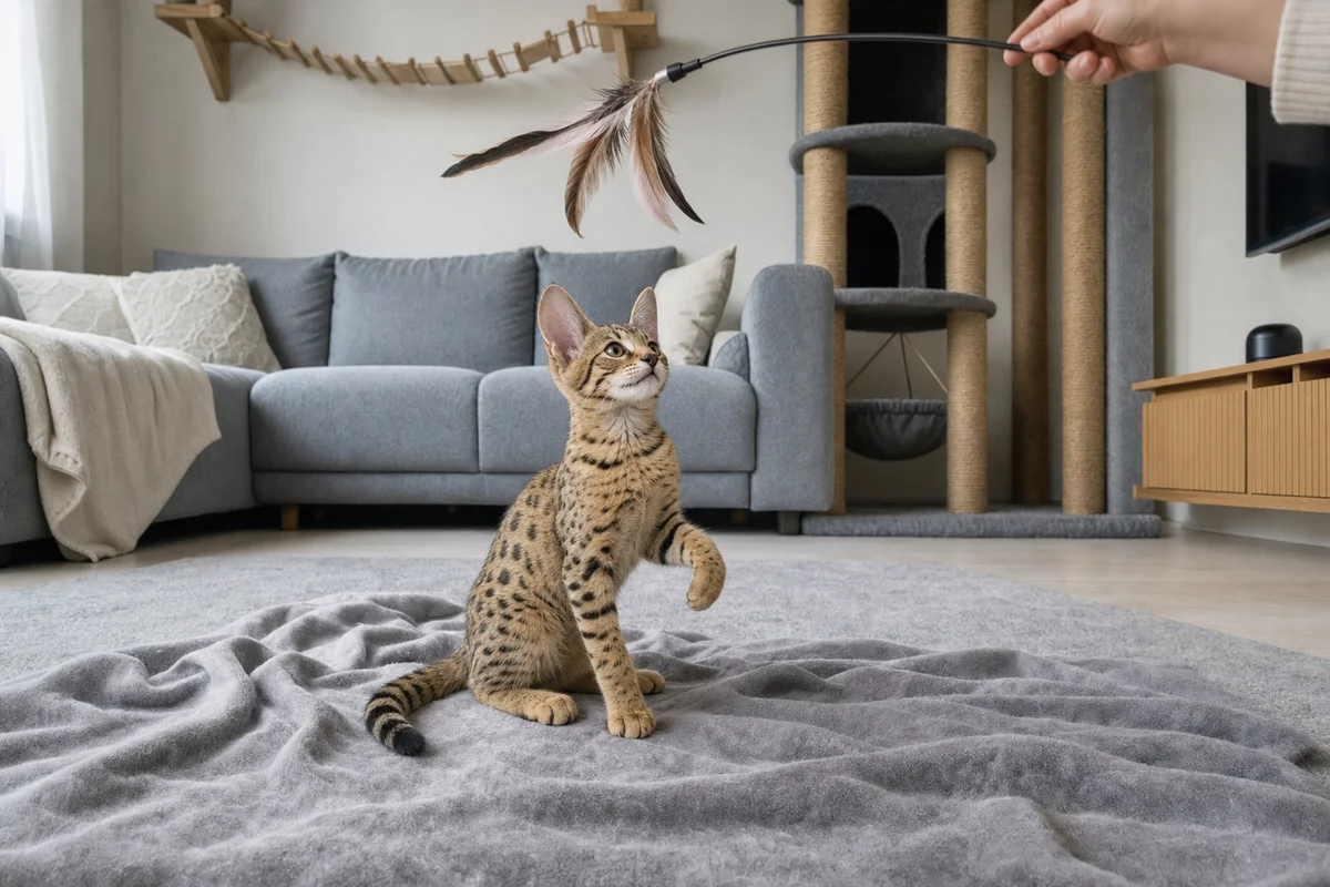 Kocię savannah z dużymi uszami bawi się wędką