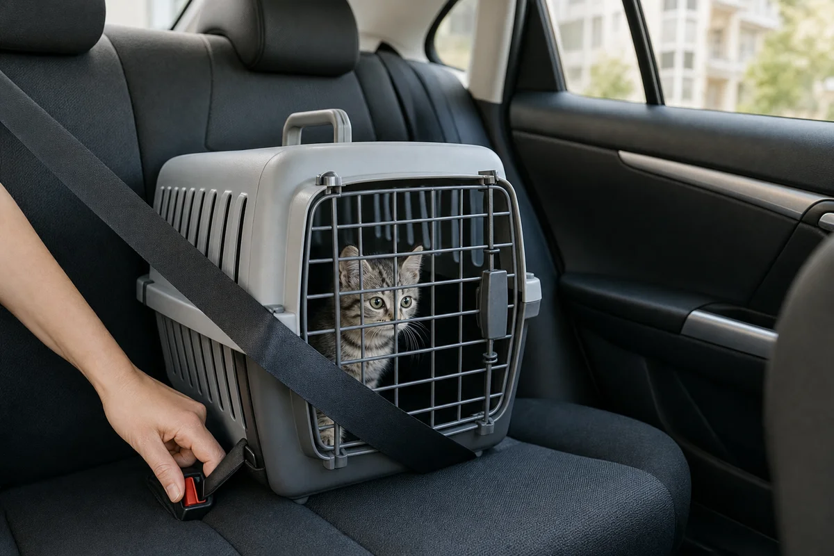 Kocię w transporterze przypiętym pasem w samochodzie w drodze do lecznicy