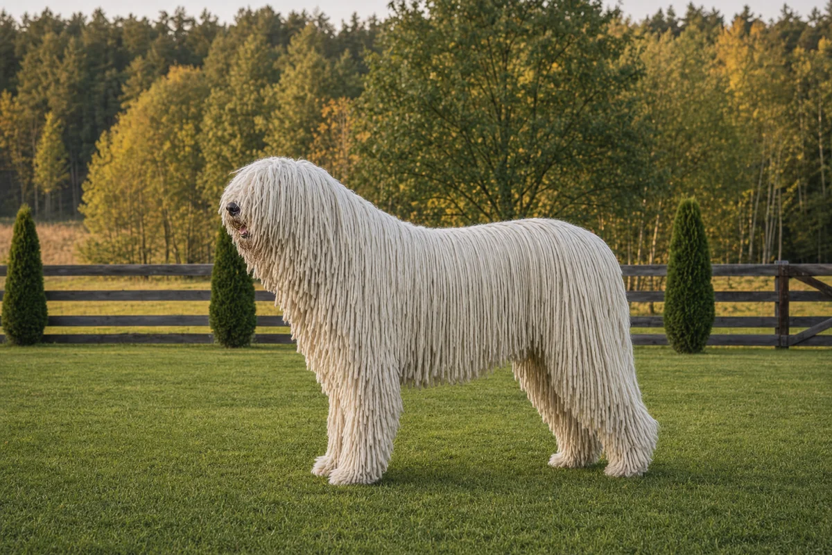 Komondor z profilu: biała sznurowa sierść i masywna budowa