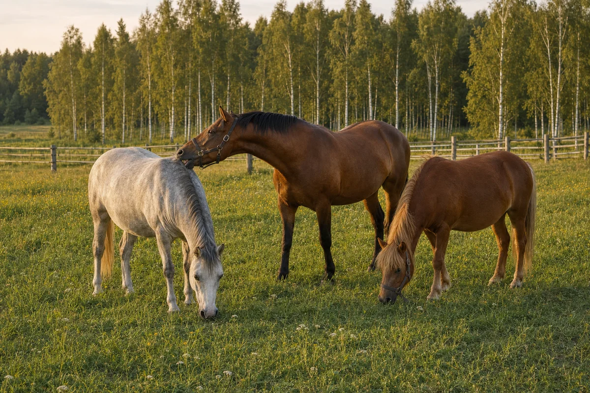 Konie pasą się w stadzie na pastwisku — koń potrzebuje towarzystwa innych koni