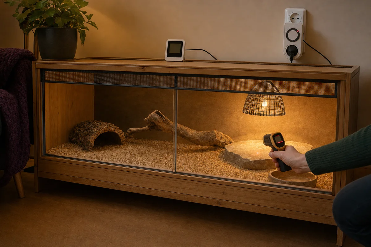 Kontrola temperatury i wyłącznika czasowego w terrarium agamy zimą
