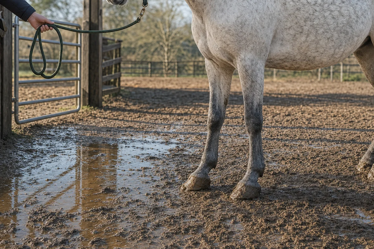 Kopyta konia w błocie na padoku — jesienią i wiosną czyść je częściej