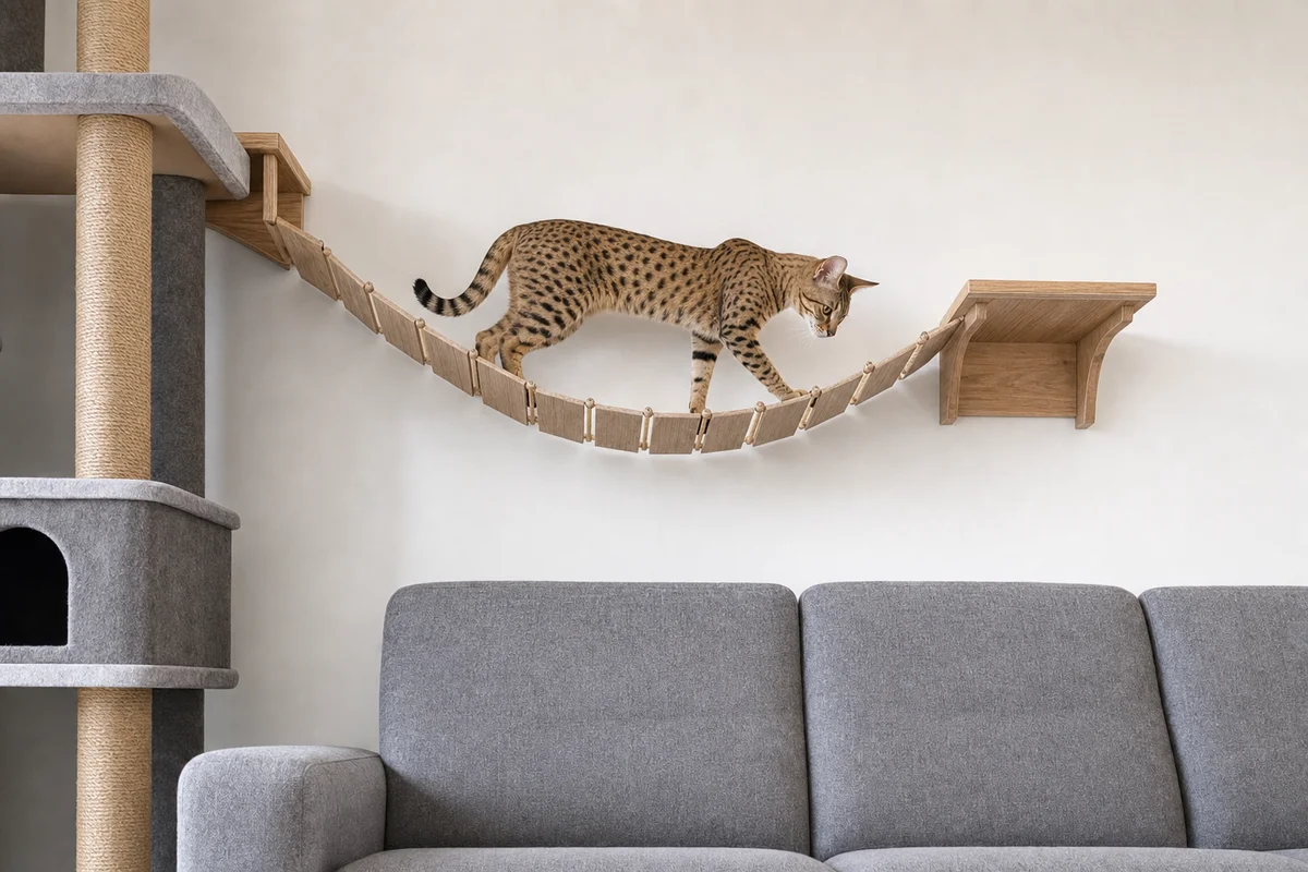 Kot savannah na mostku na ścianie