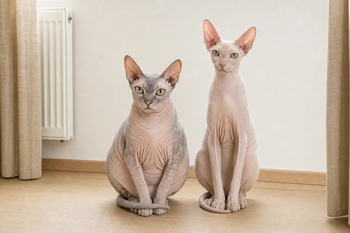 Kot sfinks i peterbald obok siebie - różnica w budowie kotów bez sierści