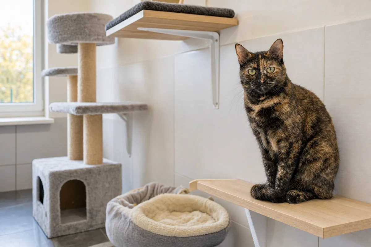 Kot w sali dla kotów w schronisku czeka na adopcję