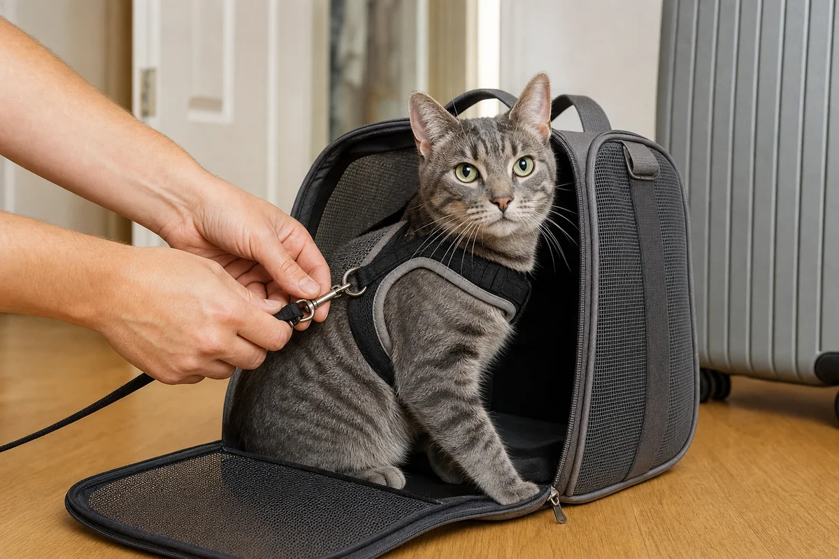 Kot w szelkach i torbie transportowej przed lotem samolotem