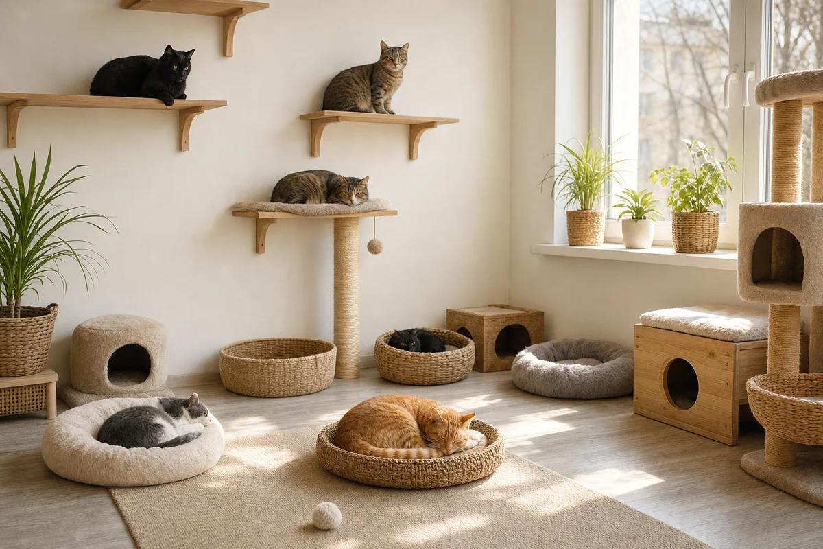 Koty odpoczywają w jasnym pokoju azylu, czekając na adopcję