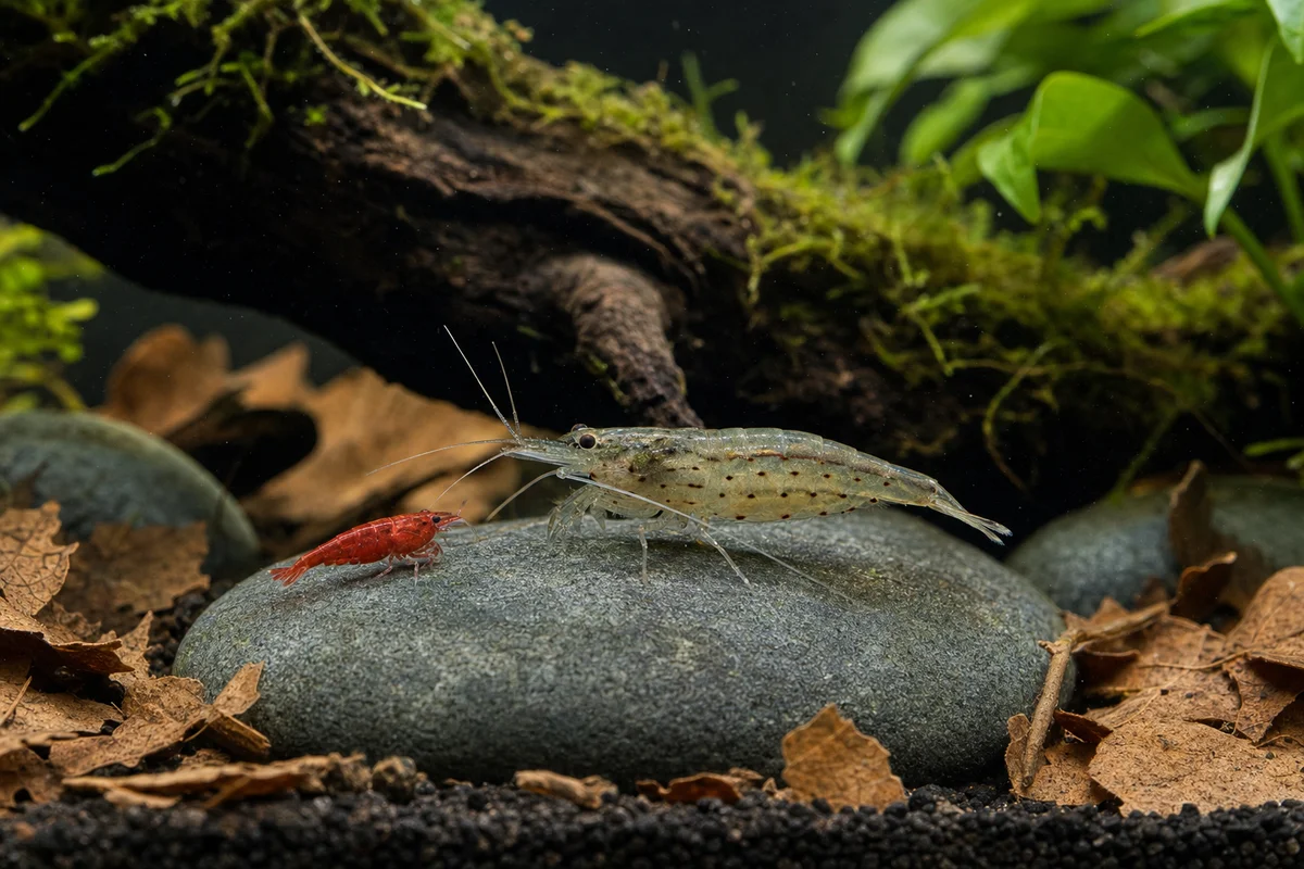 Krewetka Neocaridina i większa krewetka Amano obok siebie — porównanie wyglądu i wielkości