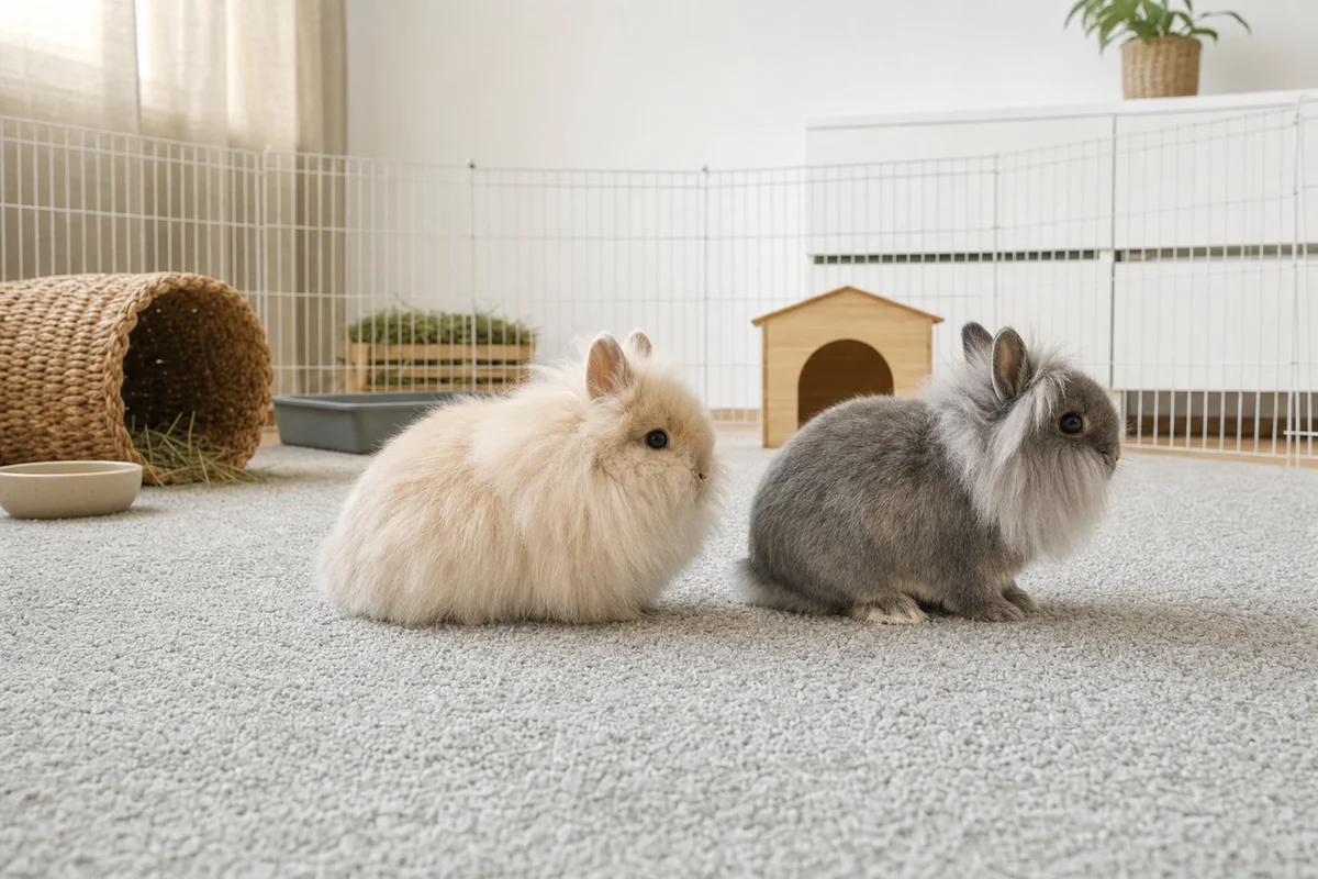 Królik teddy i lew miniaturowy obok siebie — długa sierść na całym ciele i grzywa wokół głowy