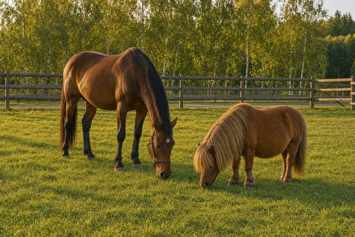 Kuc i koń wierzchowy obok siebie na pastwisku — podział ras koni według wielkości
