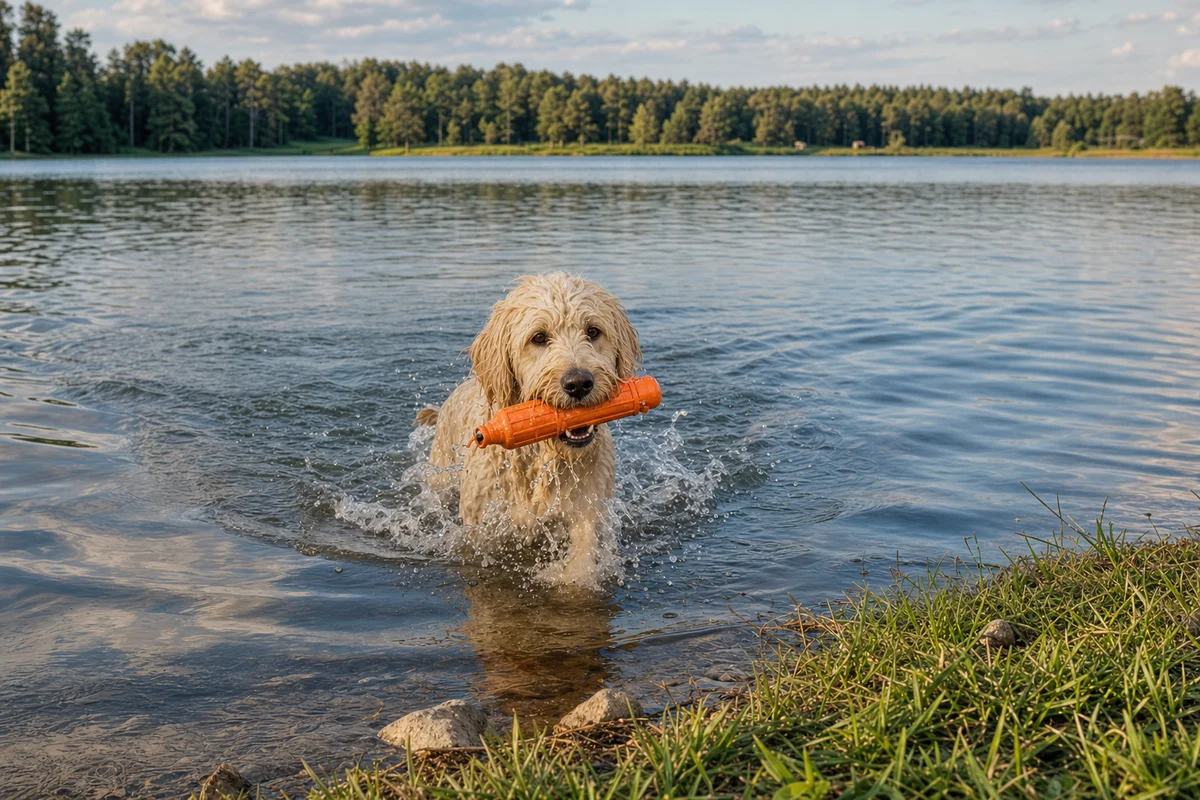 Labradoodle aportuje z wody